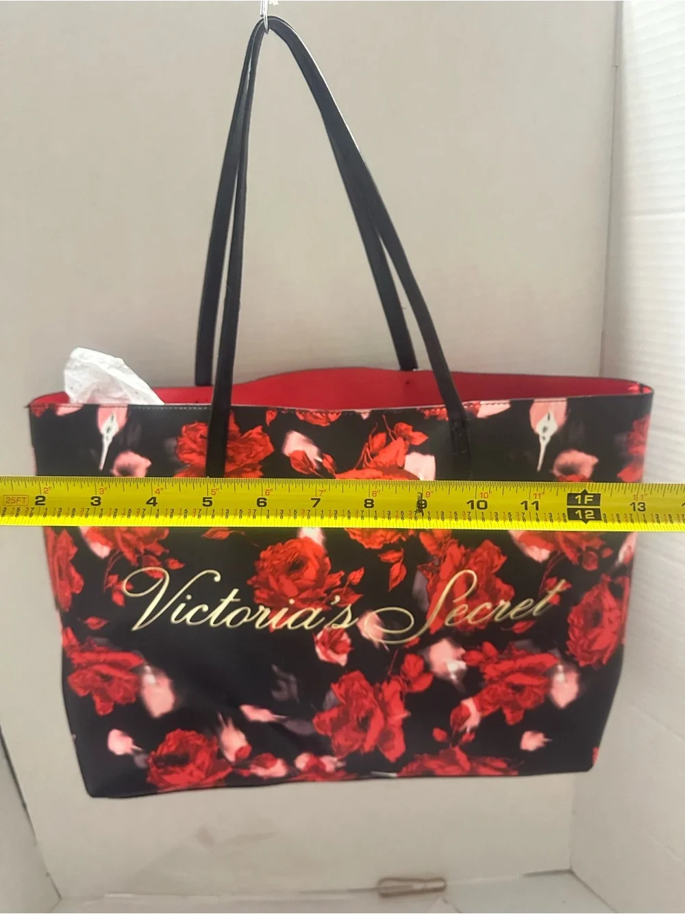 Women's Black Tote Bag with Red Floral Print
